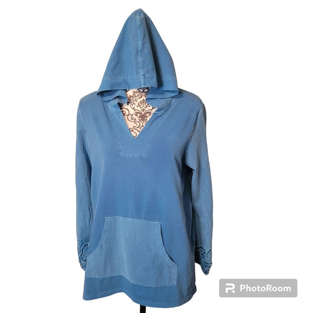 Soft Surroundings Fjord Blue Lace Detail Hoodie Sweater MP